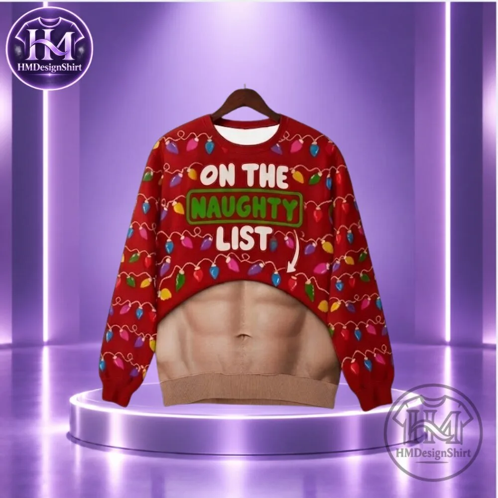Red On The Naughty List Abs Fake Muscle Christmas Sweater 2026