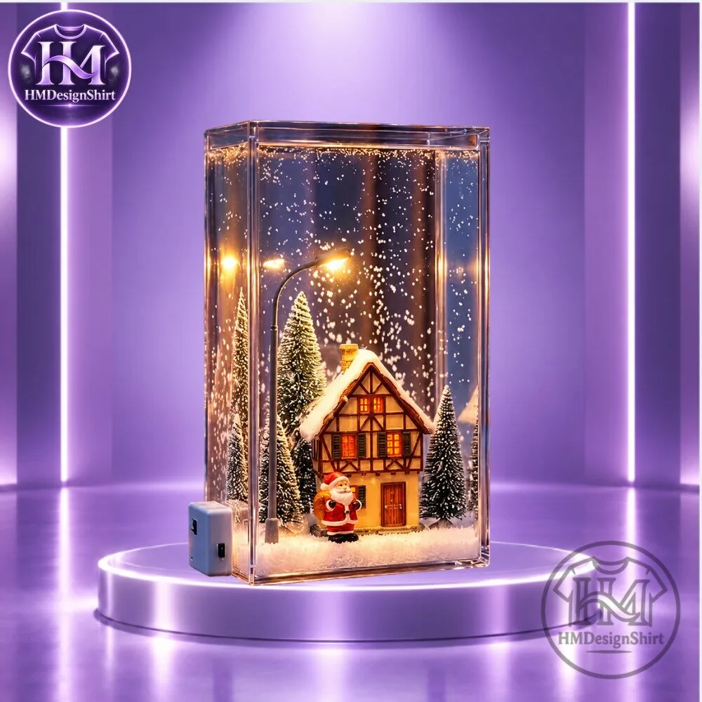 Lighted Clear Acrylic Christmas House Figurine Water Swirling Glitter Lantern 2026