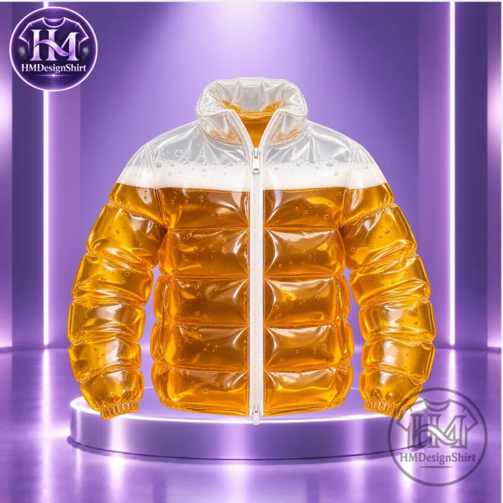Transparent Beer Filled Puffer Jacket also known as a Beer Drinking Jacket or Beer Puffer Jacket 2026