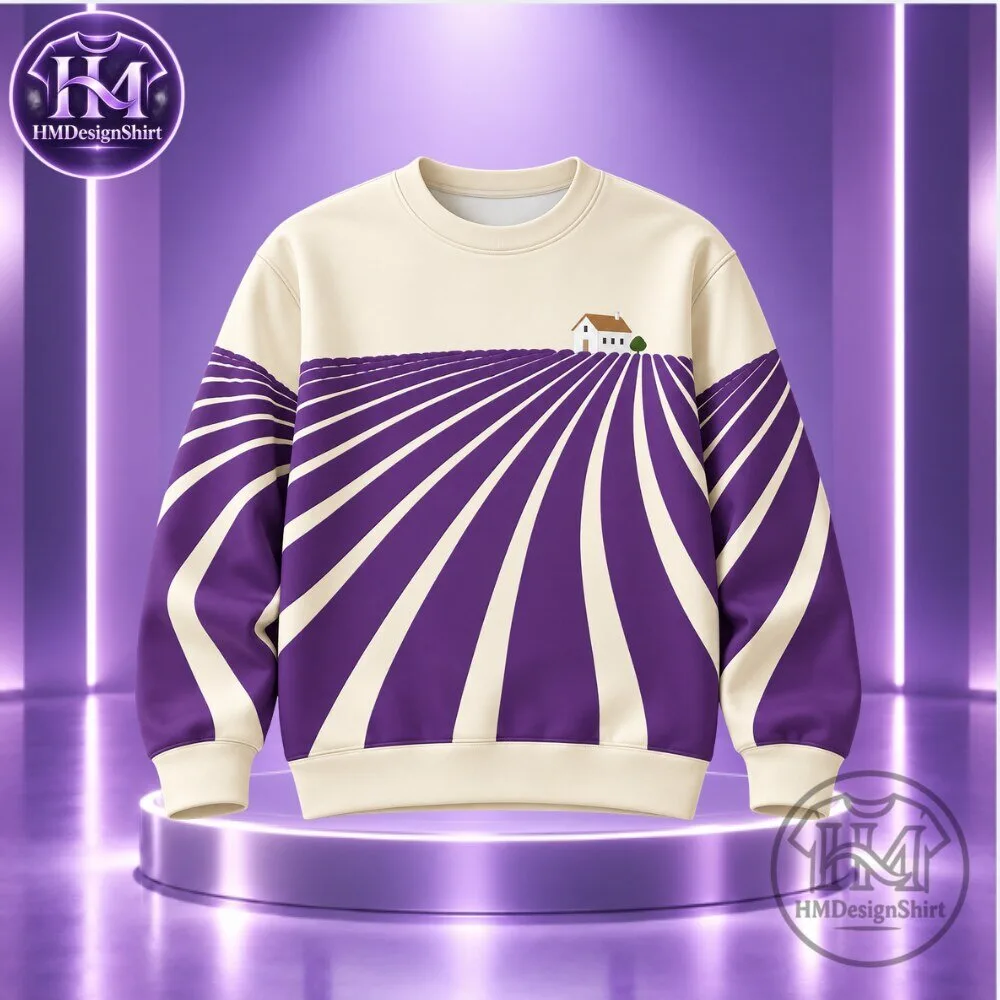 Purple Lavender Field With Small White Farmhouse Knit Sweatershirt 5 Purple Lavender Field With Small White Farmhouse Knit Sweatershirt 76trd