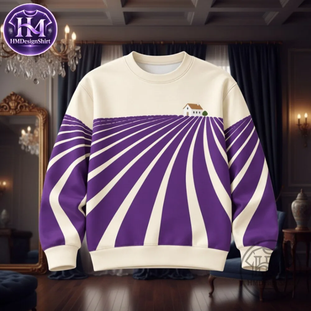 Purple Lavender Field With Small White Farmhouse Knit Sweatershirt 9 Purple Lavender Field With Small White Farmhouse Knit Sweatershirt