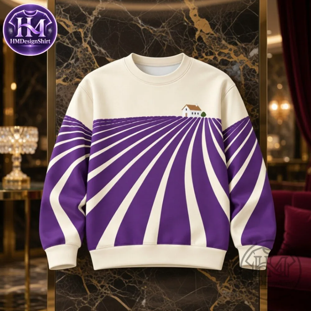 Purple Lavender Field With Small White Farmhouse Knit Sweatershirt 10 Purple Lavender Field With Small White Farmhouse Knit Sweatershirt