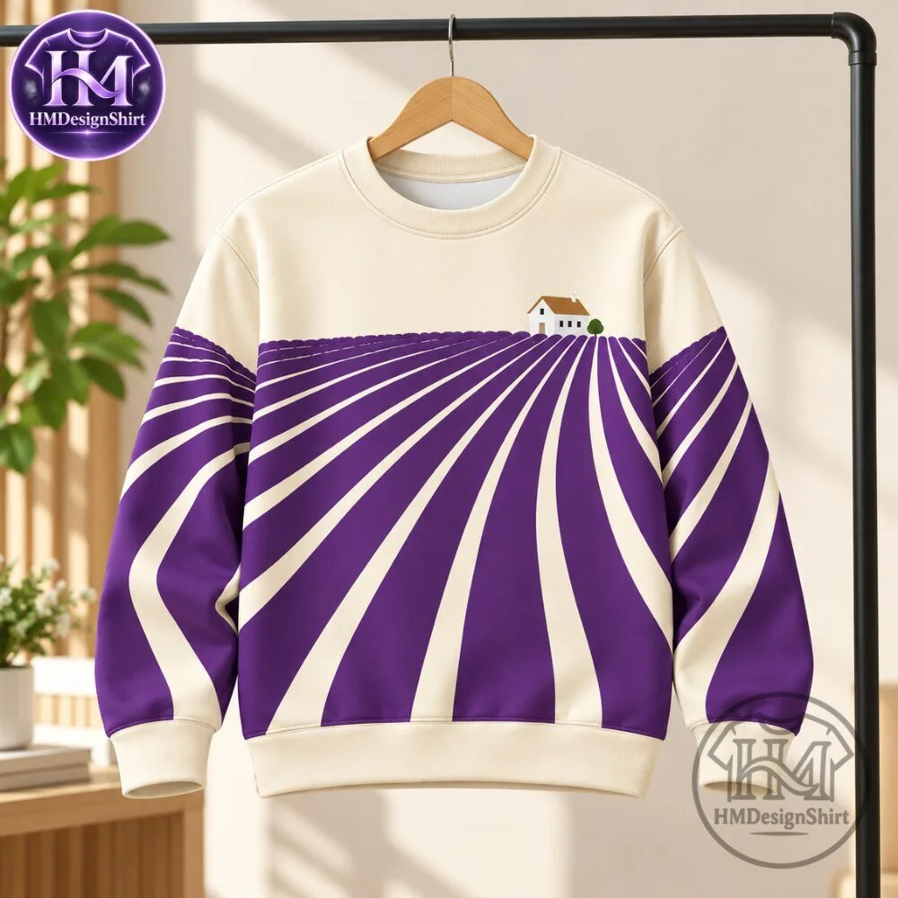 Purple Lavender Field With Small White Farmhouse Knit Sweatershirt 11 Purple Lavender Field With Small White Farmhouse Knit Sweatershirt