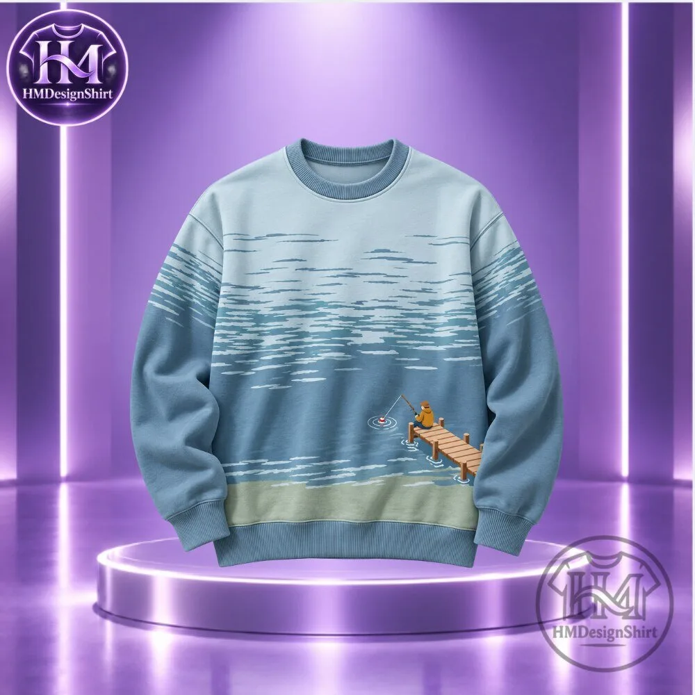 Scenic Lake Fishing Dock Blue Graphic Crewneck Sweatshirt 2026