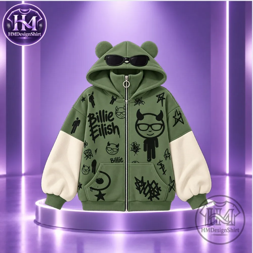 Billie Eilish Graffiti Devil Ear Zip-Up Hoodie 2026 - HM Design