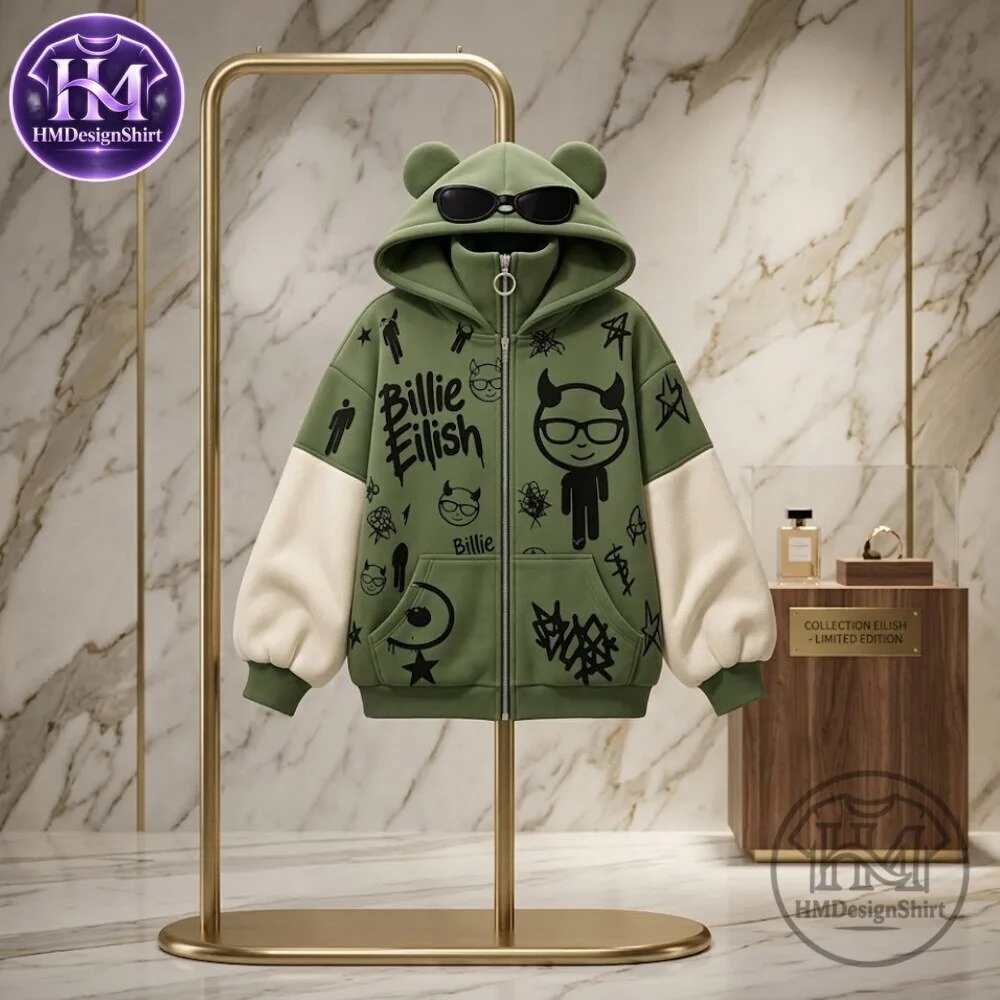 Billie Eilish Graffiti Devil Ear Zip-Up Hoodie 2026 - HM Design