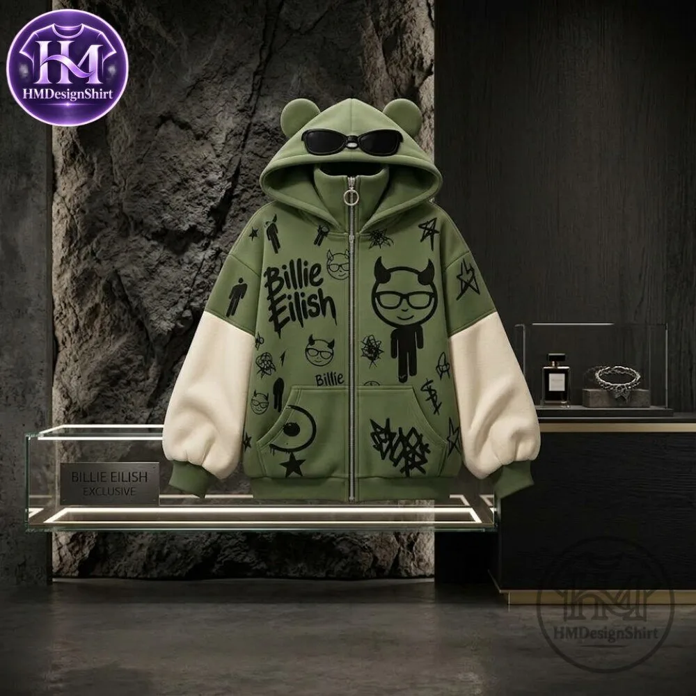 Billie Eilish Graffiti Devil Ear Zip-Up Hoodie 2026 - HM Design