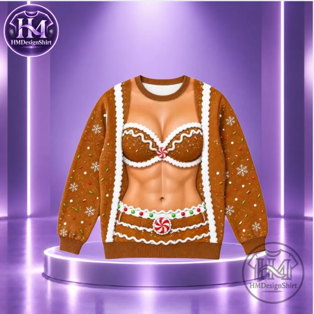 Funny Print Bikini Gingerbread Woman Ugly Christmas Sweatshirt 2026