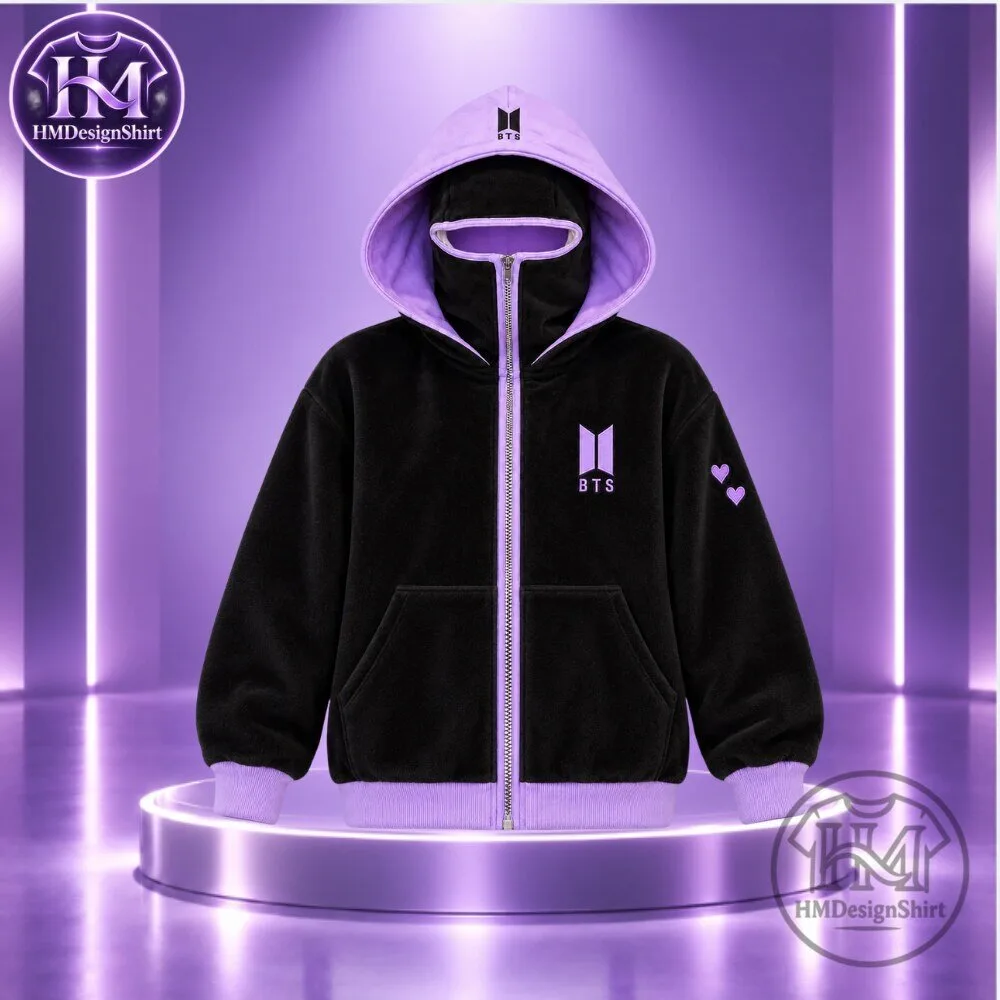 BTS Purple Logo Black Fleece Full Zip Face Mask Hoodie 2026 5 BTS Purple Logo Black Fleece Full Zip Face Mask Hoodie 2026