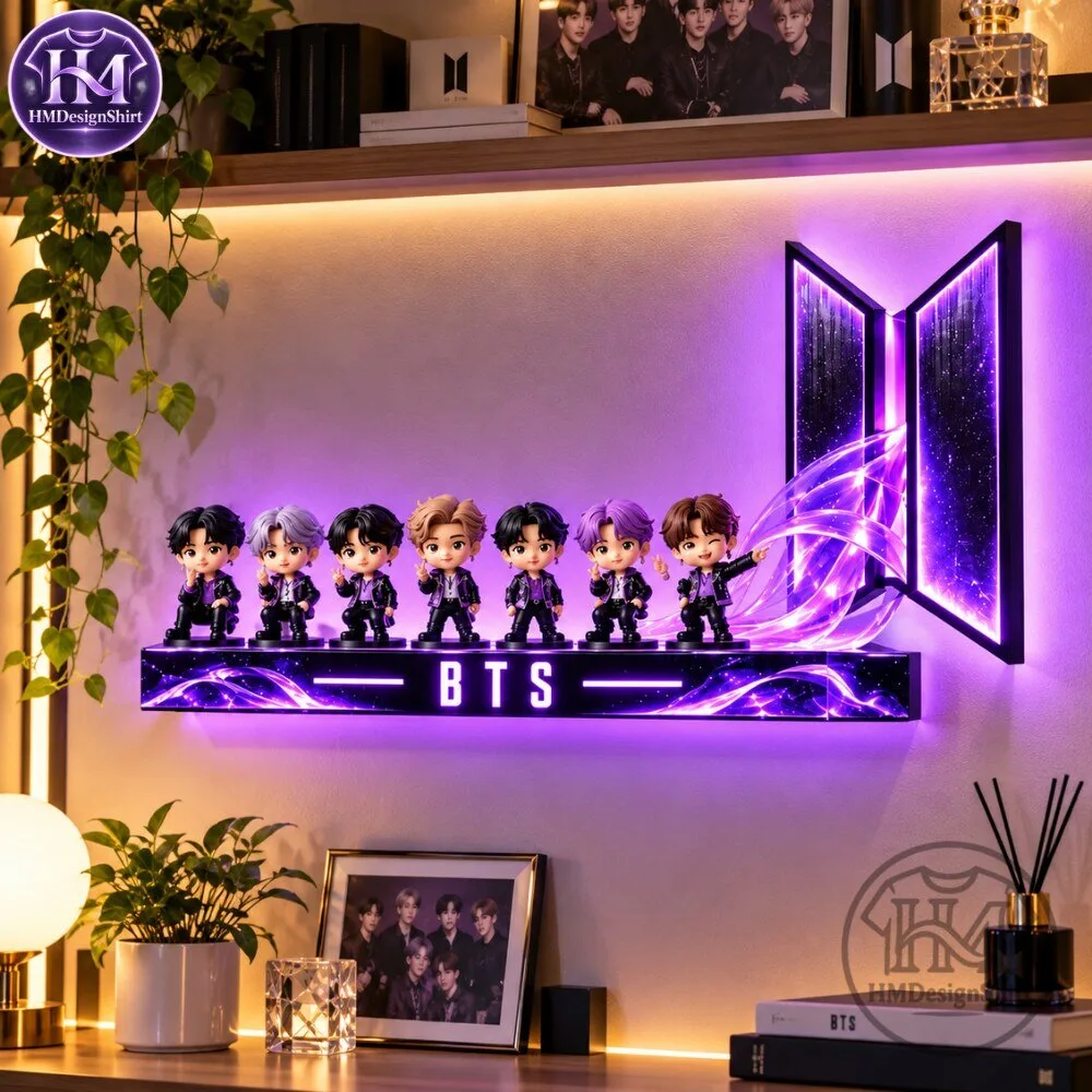 BTS Members Mini Figures Purple LED Light Display Shelf 2026 12 BTS Members Mini Figures Purple LED Light Display Shelf 2026