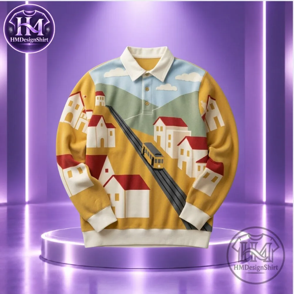 Vintage Village Train Landscape Graphic Long Sleeve Polo Shirt 2026 4 Vintage Village Train Landscape Graphic Long Sleeve Polo Shirt 2026