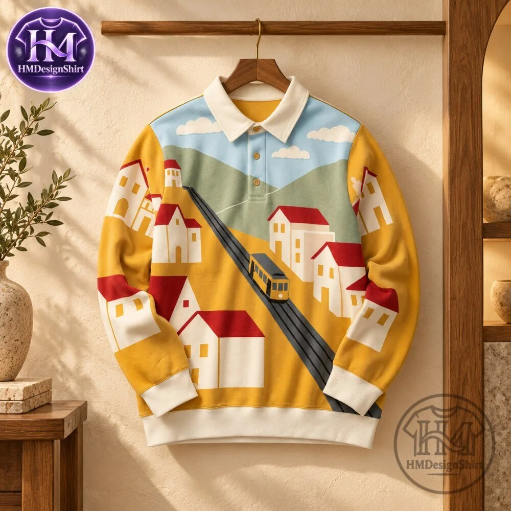 Vintage Village Train Landscape Graphic Long Sleeve Polo Shirt 2026 10 Vintage Village Train Landscape Graphic Long Sleeve Polo Shirt 2026