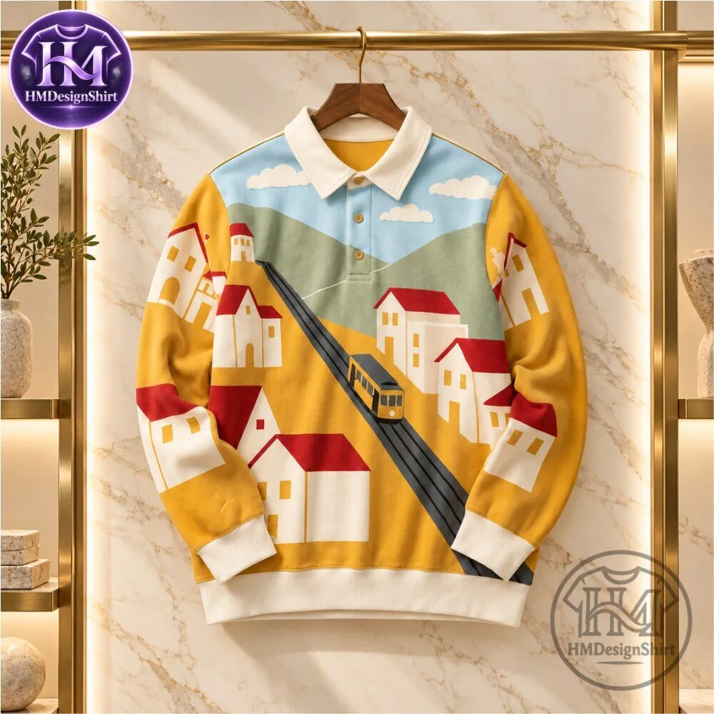 Vintage Village Train Landscape Graphic Long Sleeve Polo Shirt 2026 11 Vintage Village Train Landscape Graphic Long Sleeve Polo Shirt 2026