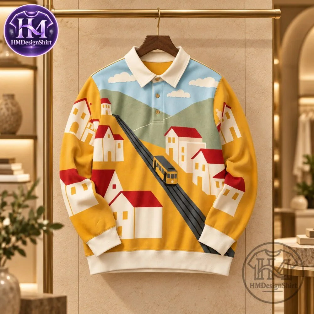Vintage Village Train Landscape Graphic Long Sleeve Polo Shirt 2026 12 Vintage Village Train Landscape Graphic Long Sleeve Polo Shirt 2026