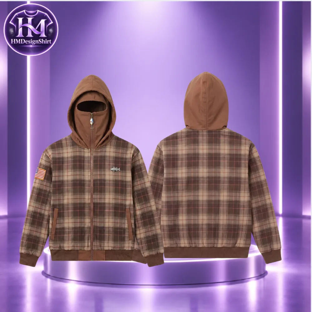 Brown Plaid US Flag Patch Zip High Neck Face Masked Jacket 2026