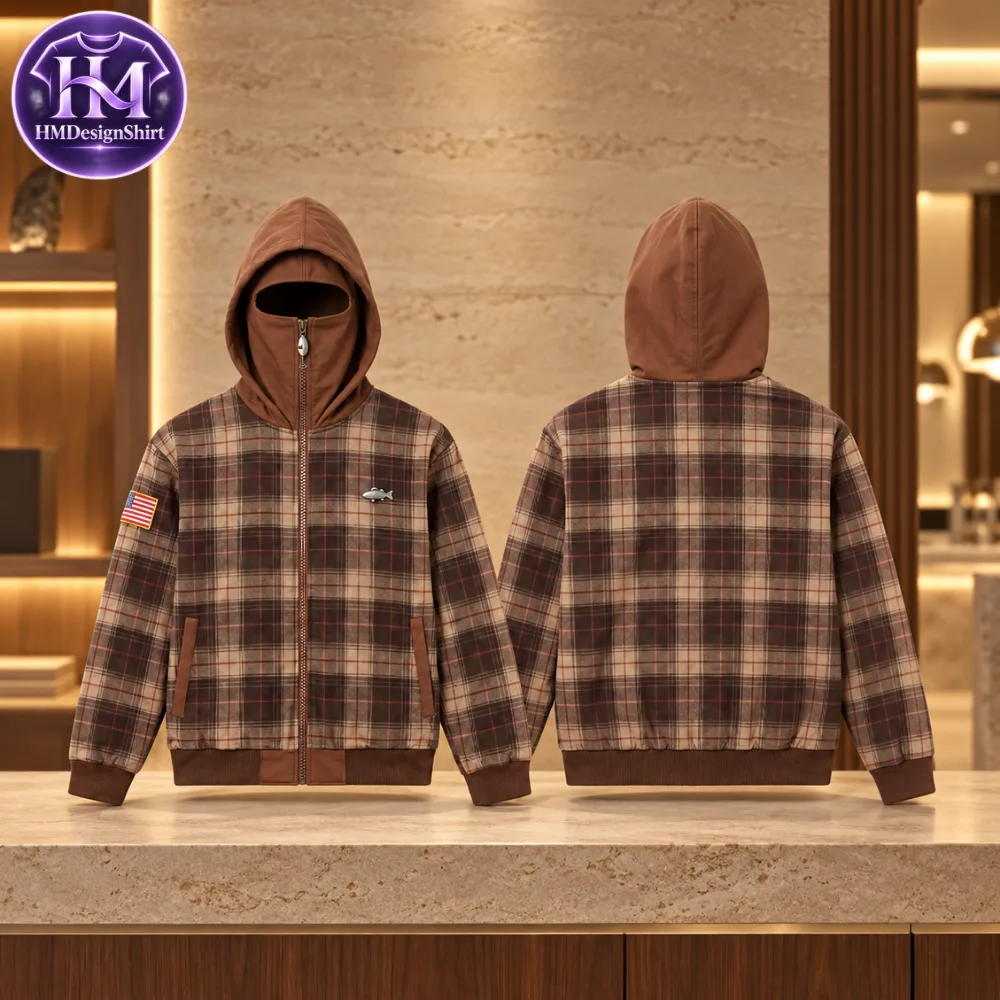 38 Brown Plaid US Flag Patch Zip High Neck Face Masked Jacket 2026 — image 2