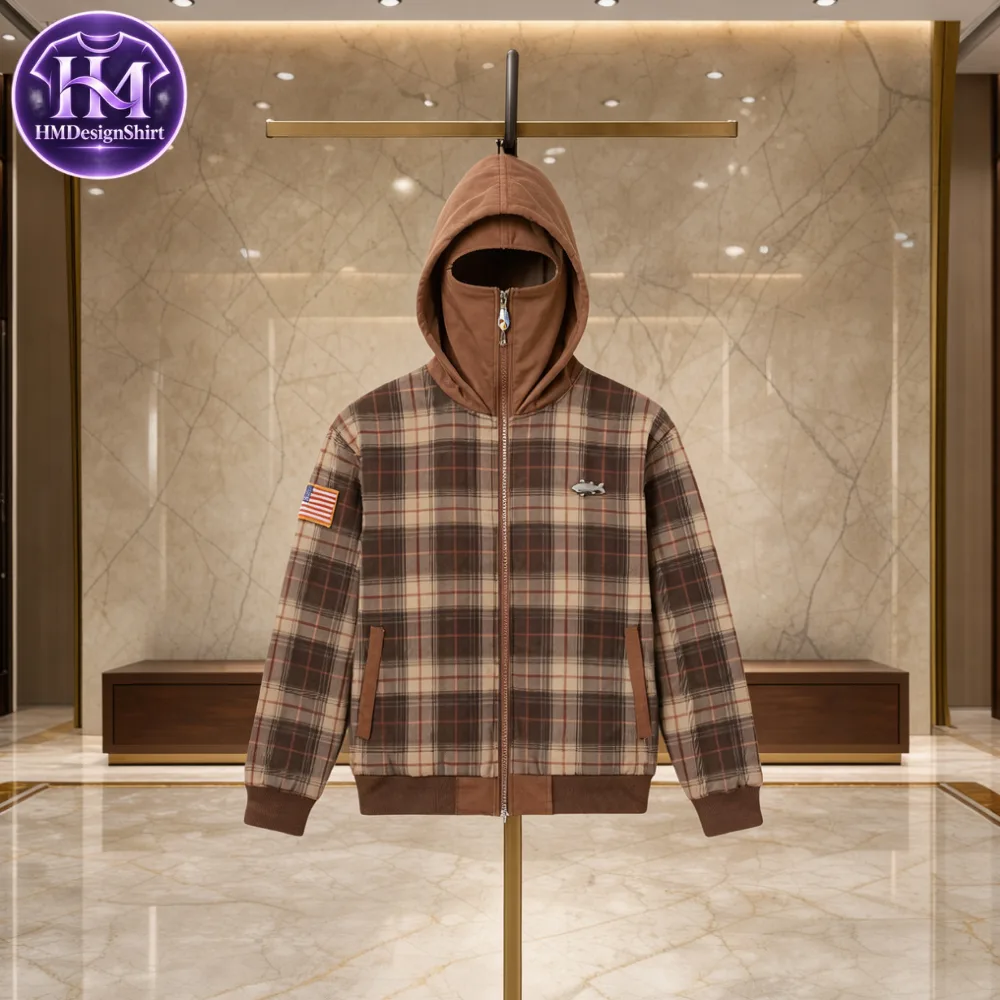 39 Brown Plaid US Flag Patch Zip High Neck Face Masked Jacket 2026 — image 3