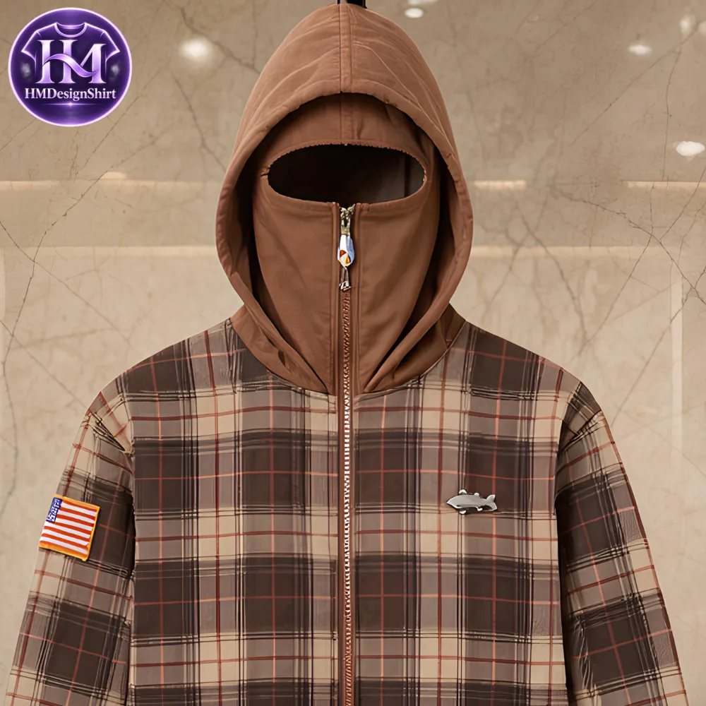 40 Brown Plaid US Flag Patch Zip High Neck Face Masked Jacket 2026 — image 4