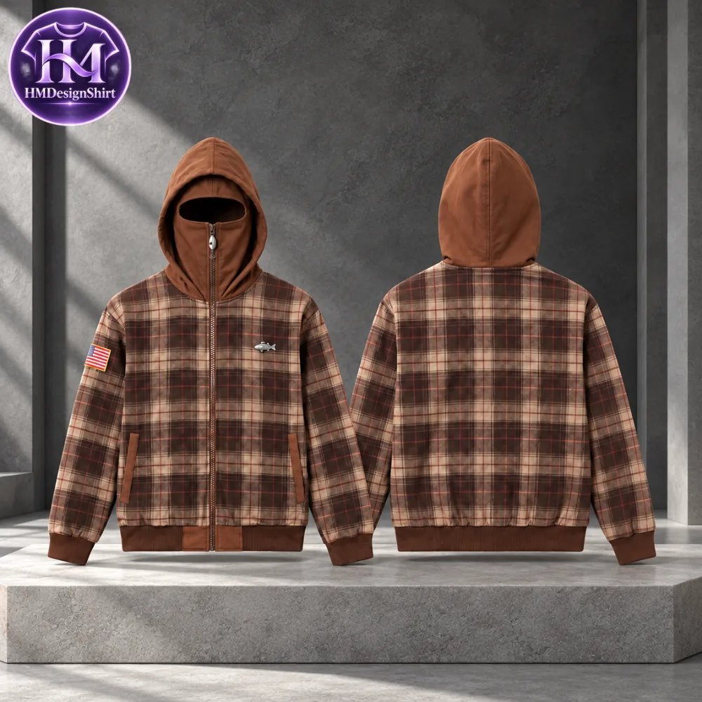 42 Brown Plaid US Flag Patch Zip High Neck Face Masked Jacket 2026 — image 6