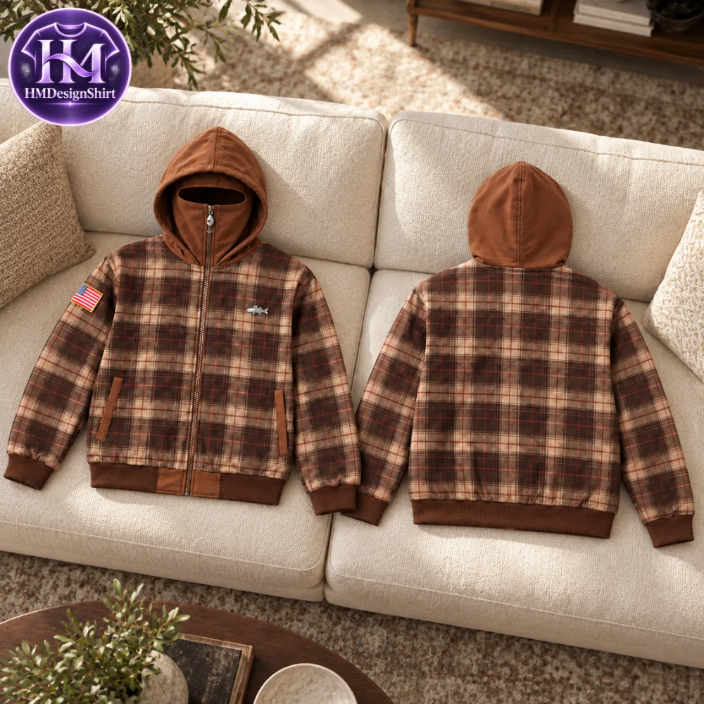 43 Brown Plaid US Flag Patch Zip High Neck Face Masked Jacket 2026 — image 7