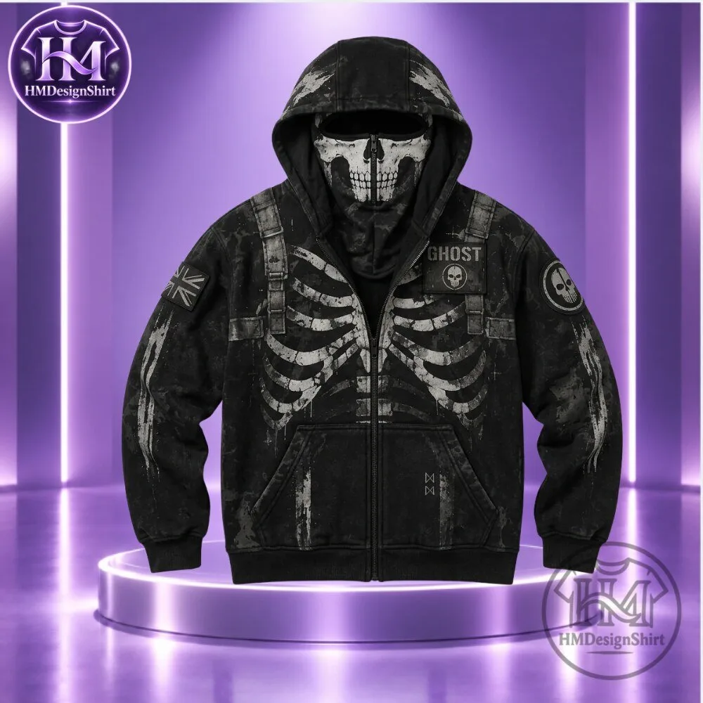 Call of Duty Ghost Skeleton Rib Cage Graphic High Neck Zip Hoodie 2026
